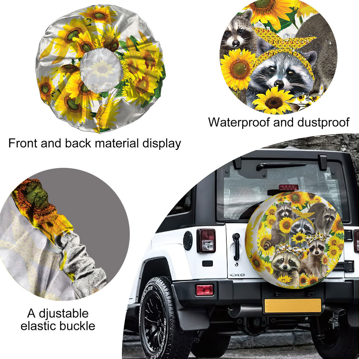 Petthouse | Raccoon Sunflowers Spare Tire Cover Decal Raccoon Floral Flowers Sticker Truck Decoration