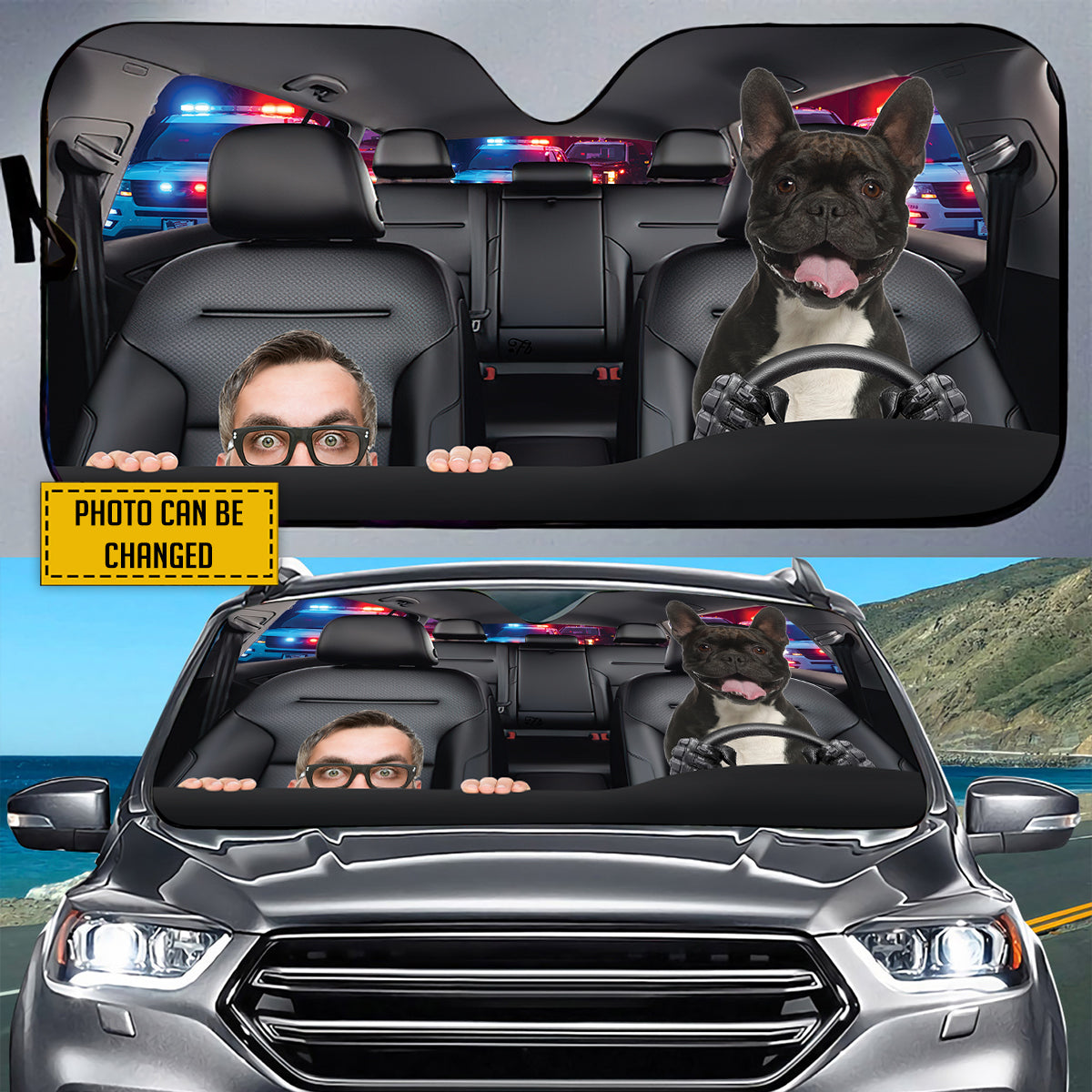 Petthouse | French Bulldog Customized Photo Windshield Sun Shade Help Me Police Funny Front Window Sun