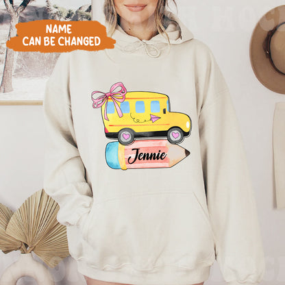 Petthouse | Personalized School Bus With Name Bow Shirt, Coquette Back To School Shirt, School Girl