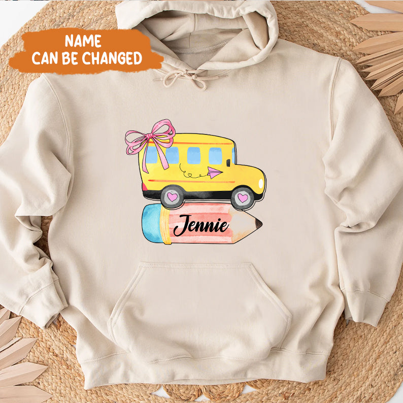 Petthouse | Personalized School Bus With Name Bow Shirt, Coquette Back To School Shirt, School Girl