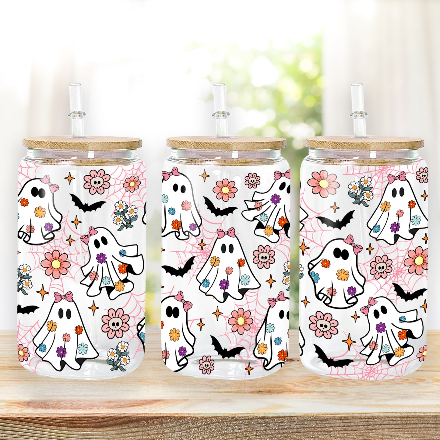 Petthouse | Spooky Ghost Glass Can, Retro Groovy Flowers Ghost Halloween Glass Cup, Ghost Spooky Vibes