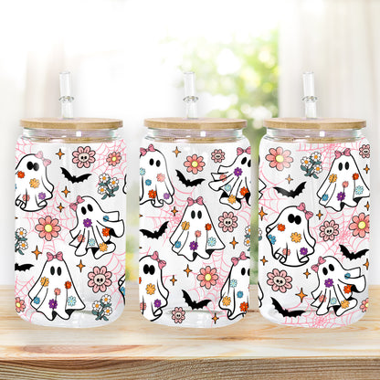 Petthouse | Spooky Ghost Glass Can, Retro Groovy Flowers Ghost Halloween Glass Cup, Ghost Spooky Vibes