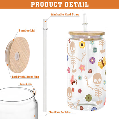 Petthouse | Skeleton Halloween Glass Can, Floral Skeleton Glass Can, Halloween Skeleton Coffee