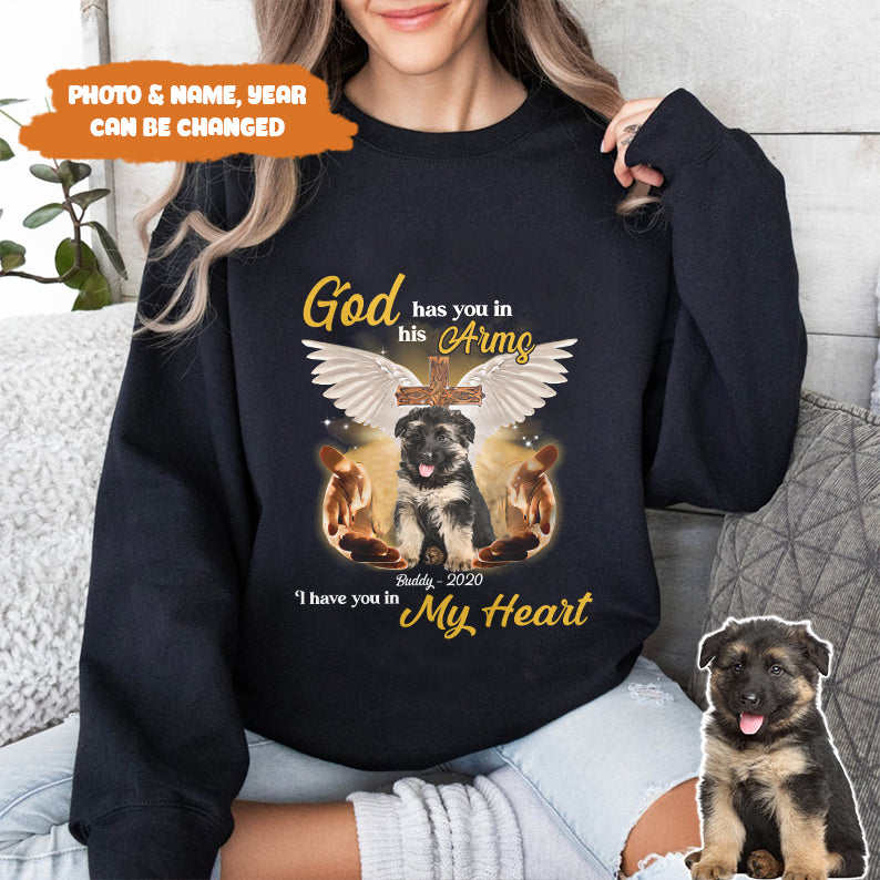 Petthouse | Custom Dog Jesus God Has You In His Arms I Have You In My Heart Shirt, Memorial Gift