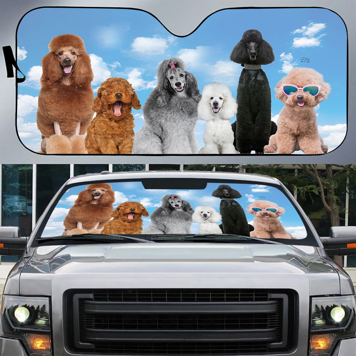 Petthouse | Poodle Dog Under Blue Sky Car Sunshade Truck Windshield Sun Shade Dog Sunshade