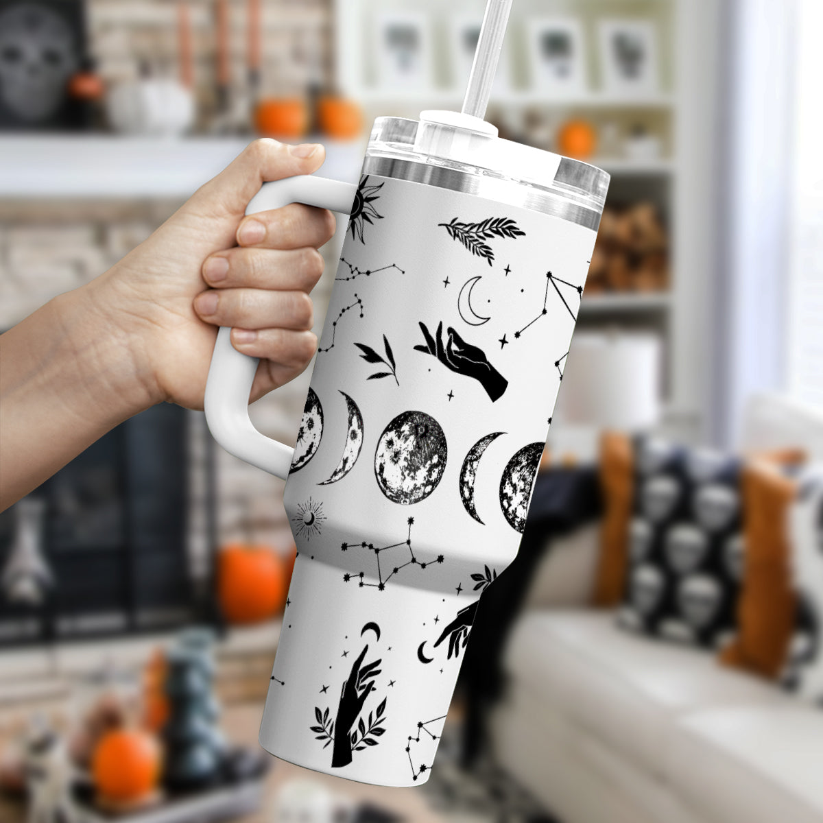 Petthouse | Blood Moon Phase 40oz Tumbler With Handle, Vintage Mysterious Vibes Tumbler, Halloween Cup