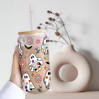 Petthouse | Spooky Ghost Glass Can, Retro Groovy Flowers Ghost Halloween Glass Cup, Ghost Spooky Vibes