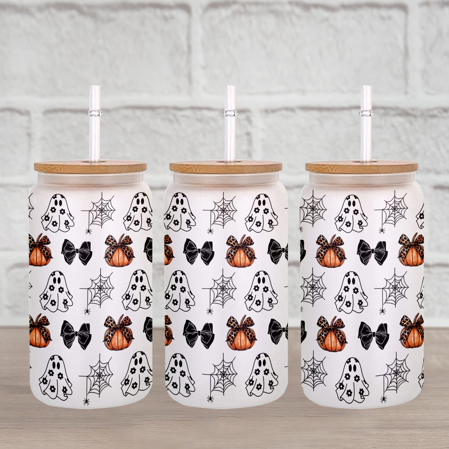 Petthouse | Bows Ghosts Halloween Glass Can, Bows Ghosts And Pumpkins Glass Can, Halloween Coffee