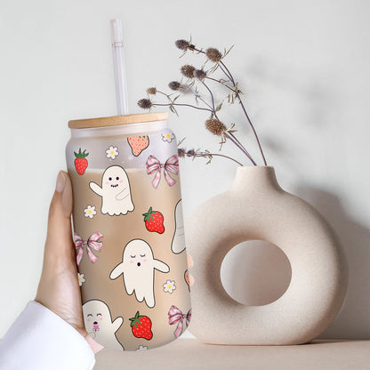 Petthouse | Strawberry Ghosts And Coquette Bows Glass Can, Cute Halloween Glass Can, Strawberry Ghost Cup