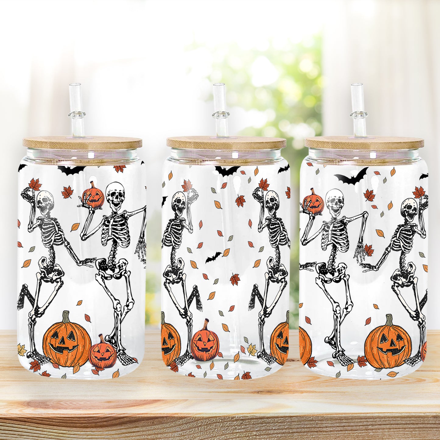 Petthouse | Skeleton Dancing Halloween Glass Can, Skeleton Halloween Iced Coffee Cup, Skeleton Dance Fall