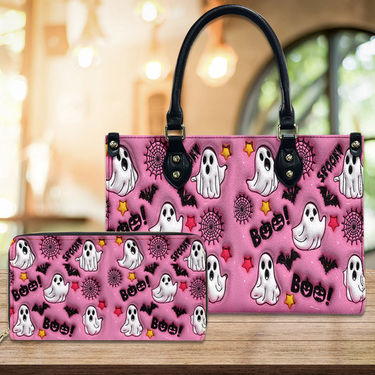 Petthouse | Spooky Boo Print 3d Effect Leather Handbag With Handle, Ghost Pumpkin Bags Wallet, Print 3d Halloween Bags