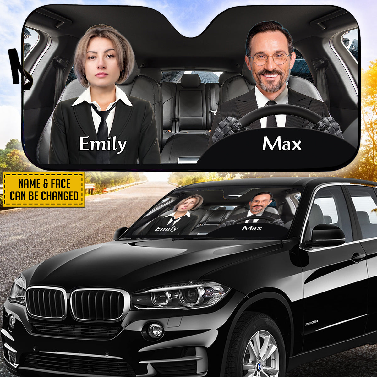 Petthouse | Customize Gangster Couple Windshield Sun Shade With Face City Tower Background Sun Visor For Car