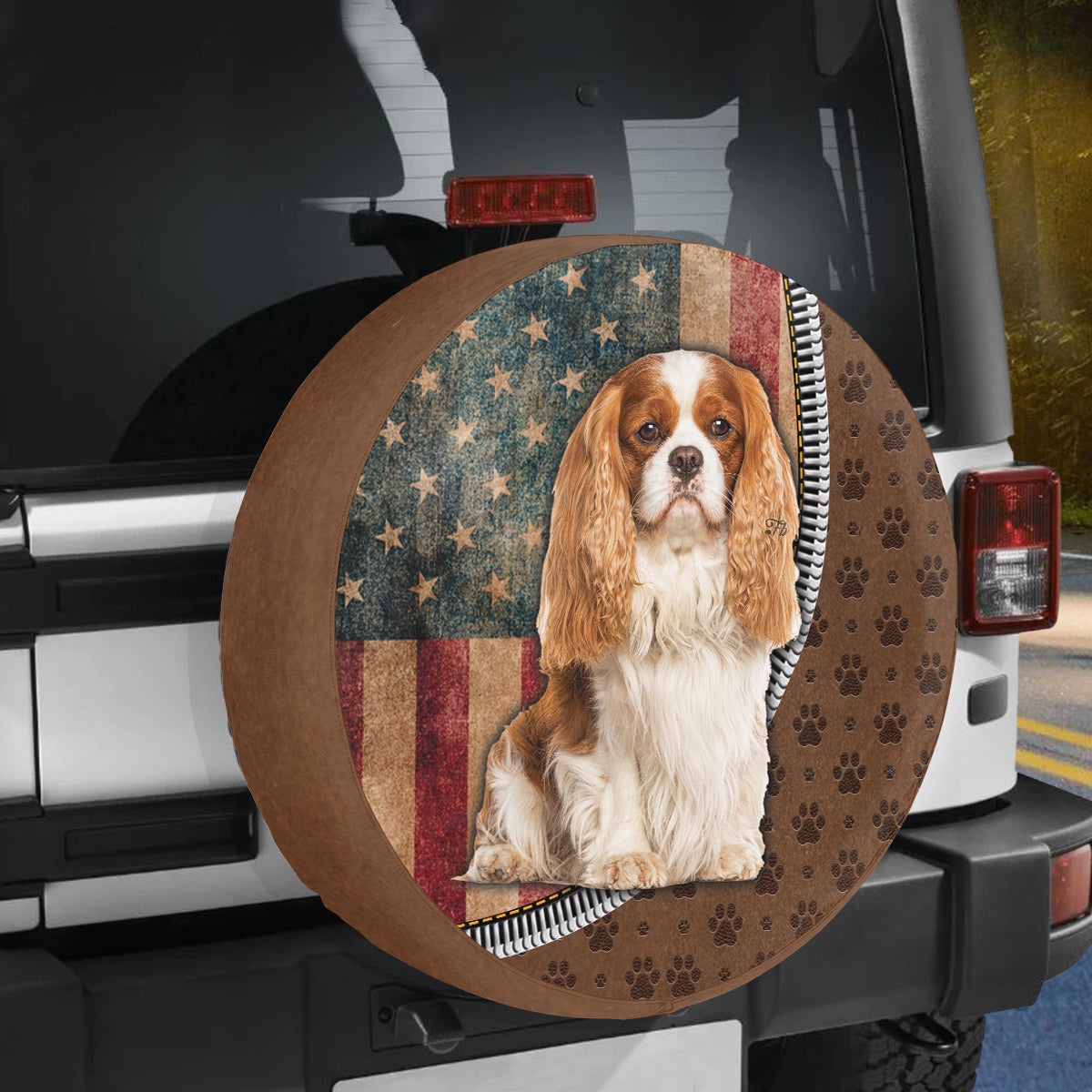 Petthouse | American Flag Vintage Spare Tire Cover Waterproof Cavalier King Charles Spaniel Dog Tire Cover