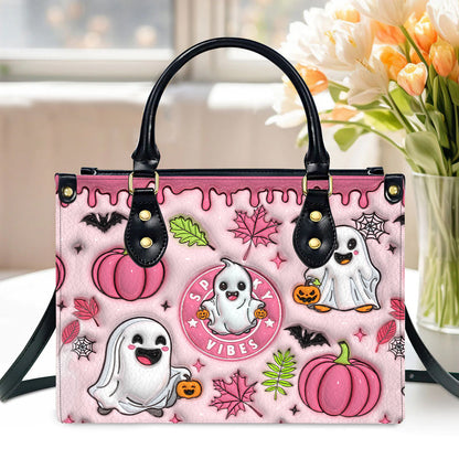 Petthouse | Spooky Vibe Print 3d Effect Leather Handbag With Handle, Ghost Pumpkin Bags Wallet, Print 3d Halloween Bags