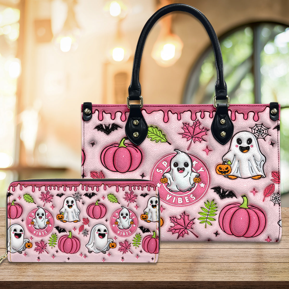 Petthouse | Spooky Vibe Print 3d Effect Leather Handbag With Handle, Ghost Pumpkin Bags Wallet, Print 3d Halloween Bags