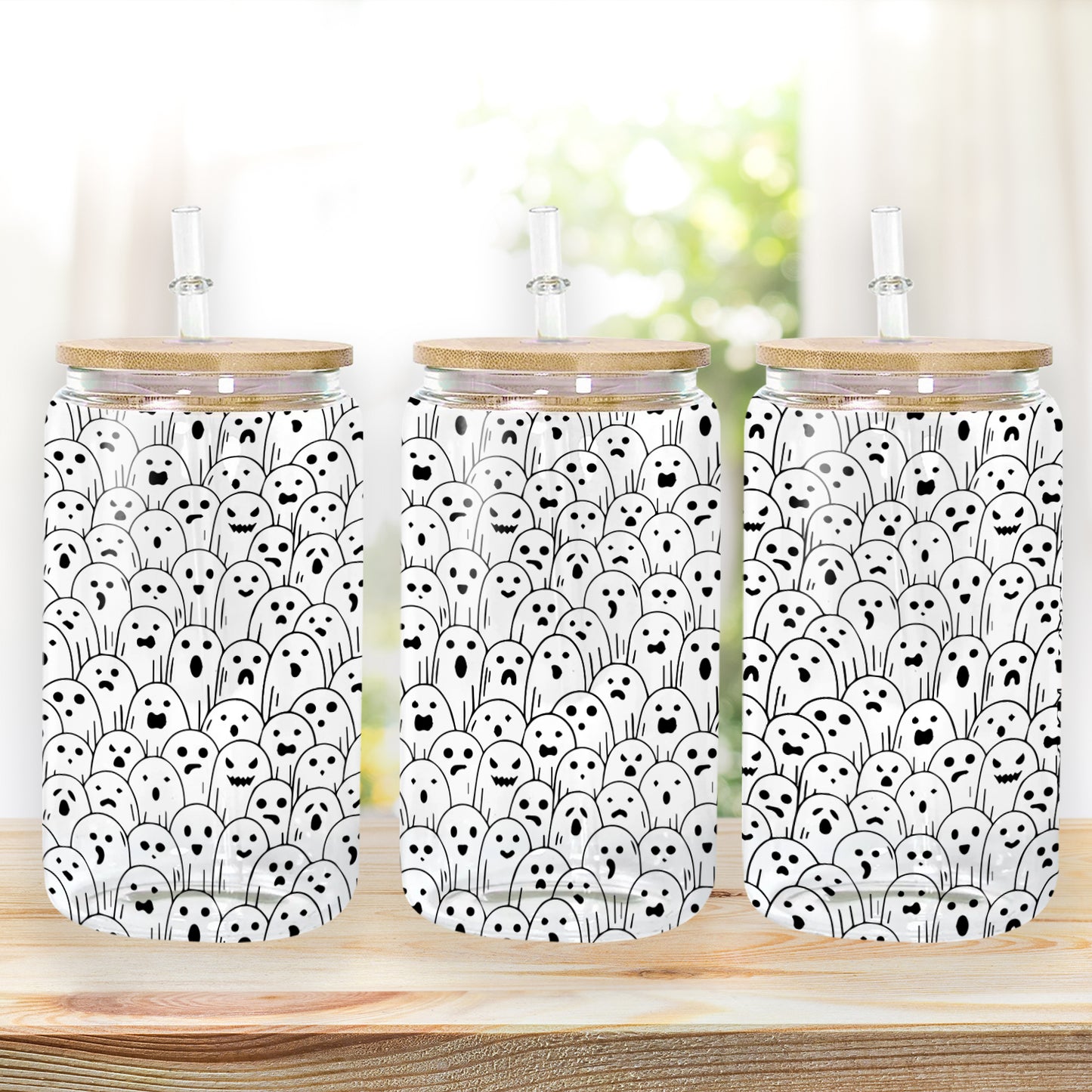 Petthouse | Cute Ghosts Beer Can Glass, Iced Coffee Glass, Halloween Glass Can With Bamboo Lid, Spooky Season