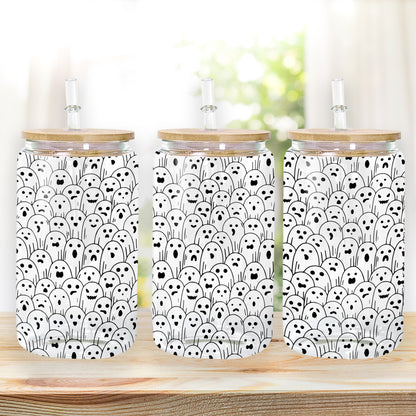 Petthouse | Cute Ghosts Beer Can Glass, Iced Coffee Glass, Halloween Glass Can With Bamboo Lid, Spooky Season