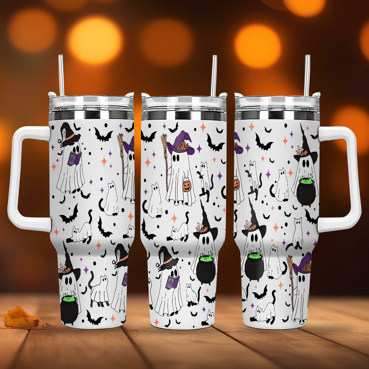 Petthouse | Spooky Vibes Ghost Cat 40oz Tumbler, Halloween Ghost Cat, Spooky Black Cat Cup, Cat Lover