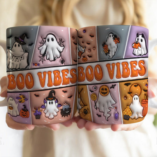 Petthouse | Boo Vibes Ceramic Mug, 3d Inflated Print Mug, Halloween Ghosts, Spooky Vibes Mug, Cute Boo Squad