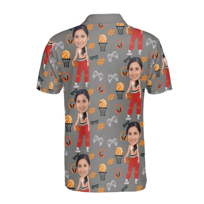 Petthouse | Personalized Picture Female Basketball Player Pattern Seamless Polo Shirt Basketball Lover Sport Shirt