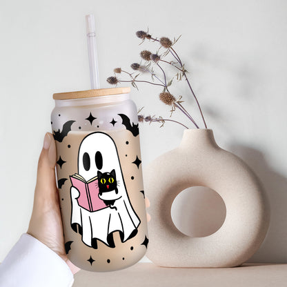 Petthouse | Cute Ghost Reading Book Glass Cup, Spooky Season, Black Cat Glass, Halloween Gift