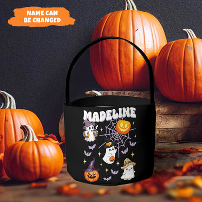 Petthouse | Custom Halloween Trick Or Treat Bag, Pumpkin And Ghost, Kids Name Trick-or-treat Candy Basket