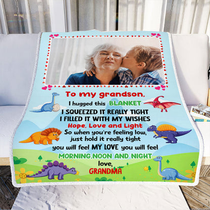 Petthouse | Dinosaur Blanket, Custom Photo Grandma Throw Blanket, Grandson Just Hold It Tight Soft Blanket