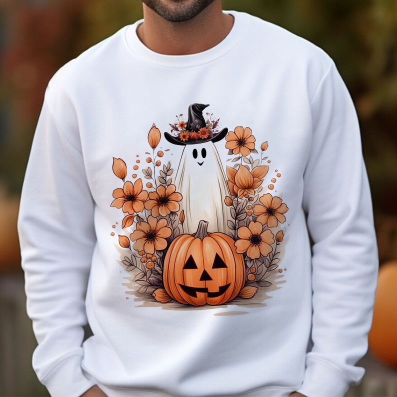 Petthouse | Cute Ghost Pumpkin T-shirt, Fall Autumn Halloween, Floral Ghost Pumpkin, Halloween Shirt