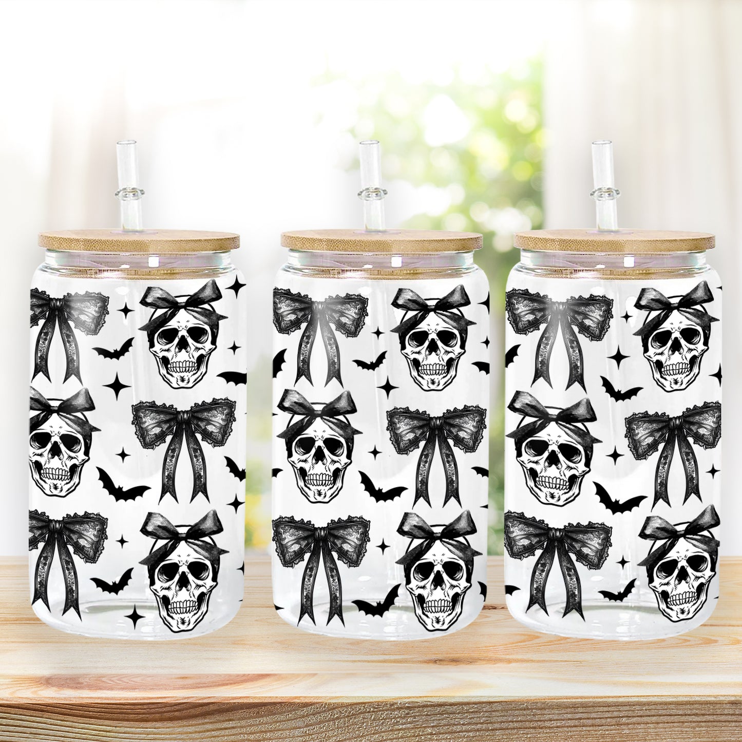 Petthouse | Halloween Skull Black Bow Glass Can, Retro Halloween Glass Can, Halloween Spooky Season Glass