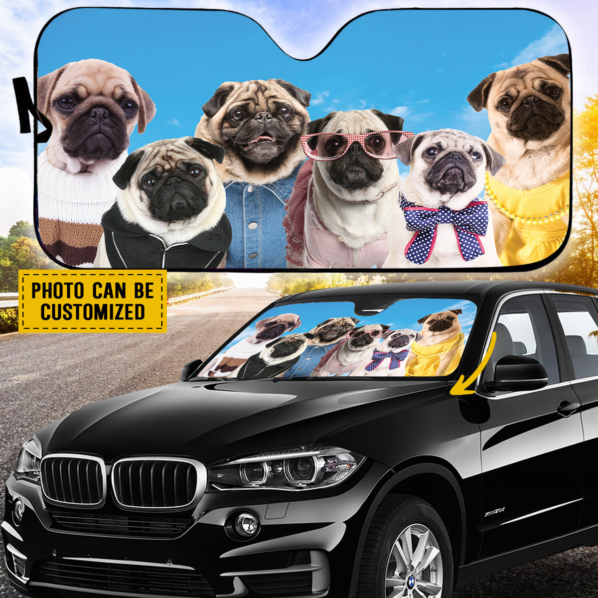 Petthouse | Custom Name Dog Sunshade A Bunch Of Pug Dog Car Sunshade Pug Family Windshield Sun Shade