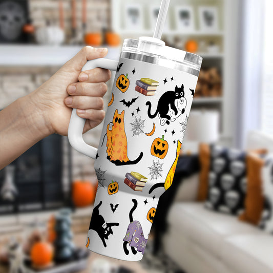 Petthouse | Halloween Ghost Cat 40oz Tumbler, Spooky Black Cat Stainless Steel Tumbler, Cat Spooky Season