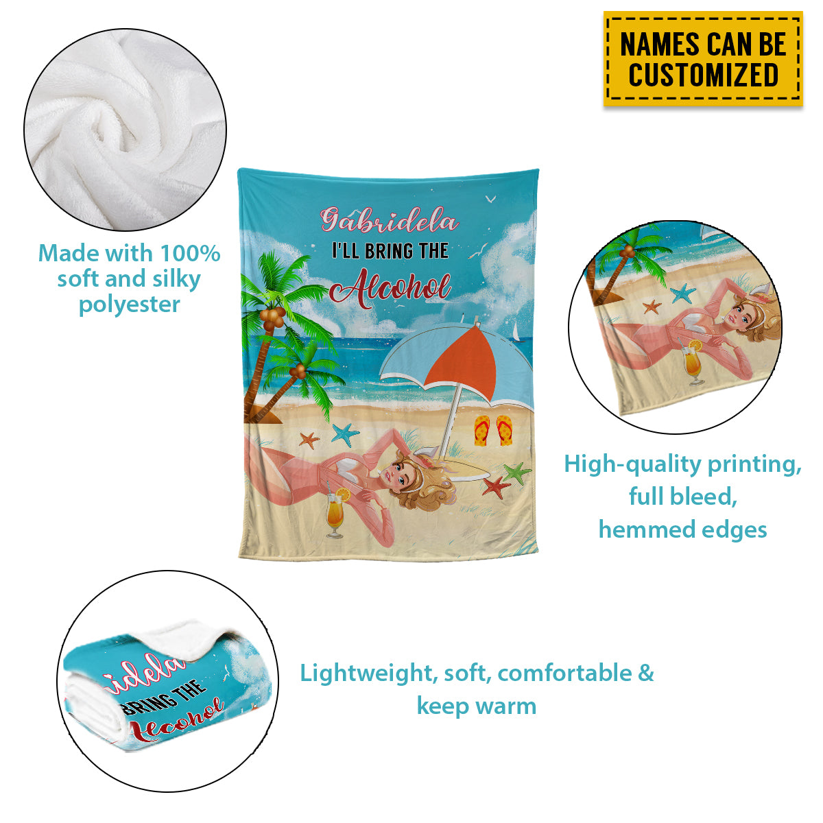 Petthouse | Personalized Name Girl On Beach Throw Blanket, I'll Bring The Alcohol Fleece Blanket, Beach Vibes Travel