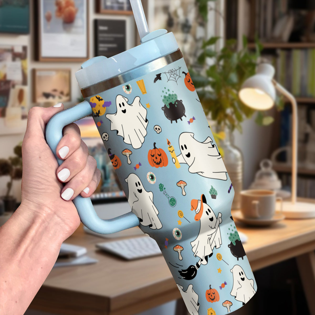 Petthouse | Ghost Halloween Retro Tumbler 40oz Tumbler, With Handle And Straw, Retro Ghosts, Spooky Season