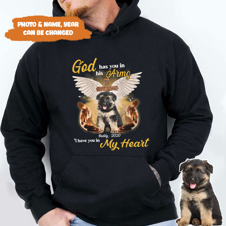 Petthouse | Custom Dog Jesus God Has You In His Arms I Have You In My Heart Shirt, Memorial Gift