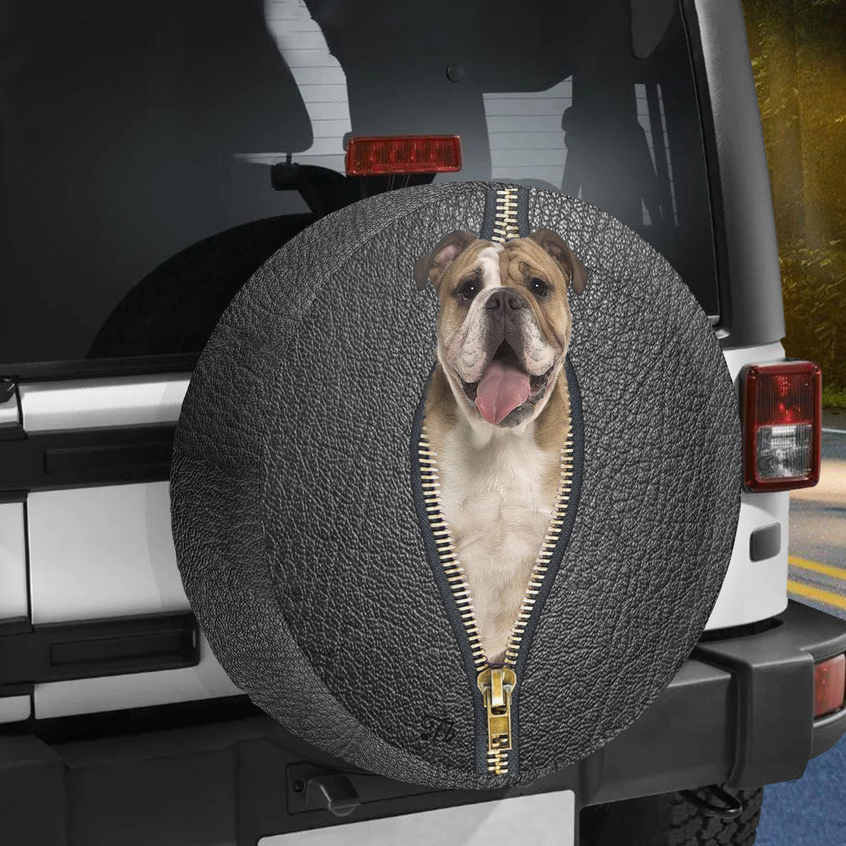 Petthouse | English Bulldog Tire Protector Black Leather Zipper Print Spare Tire Cover English Bulldog Mom Dad