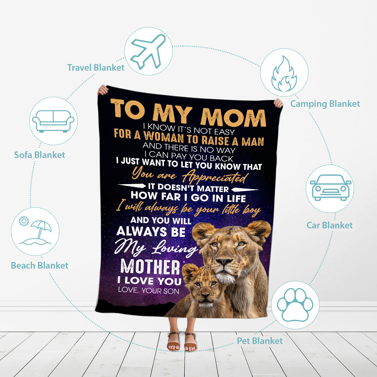 Petthouse | Happy Mother's Day Soft Blanket, Lion Mother And Baby Blanket, Letter From Son To Mom Blanket