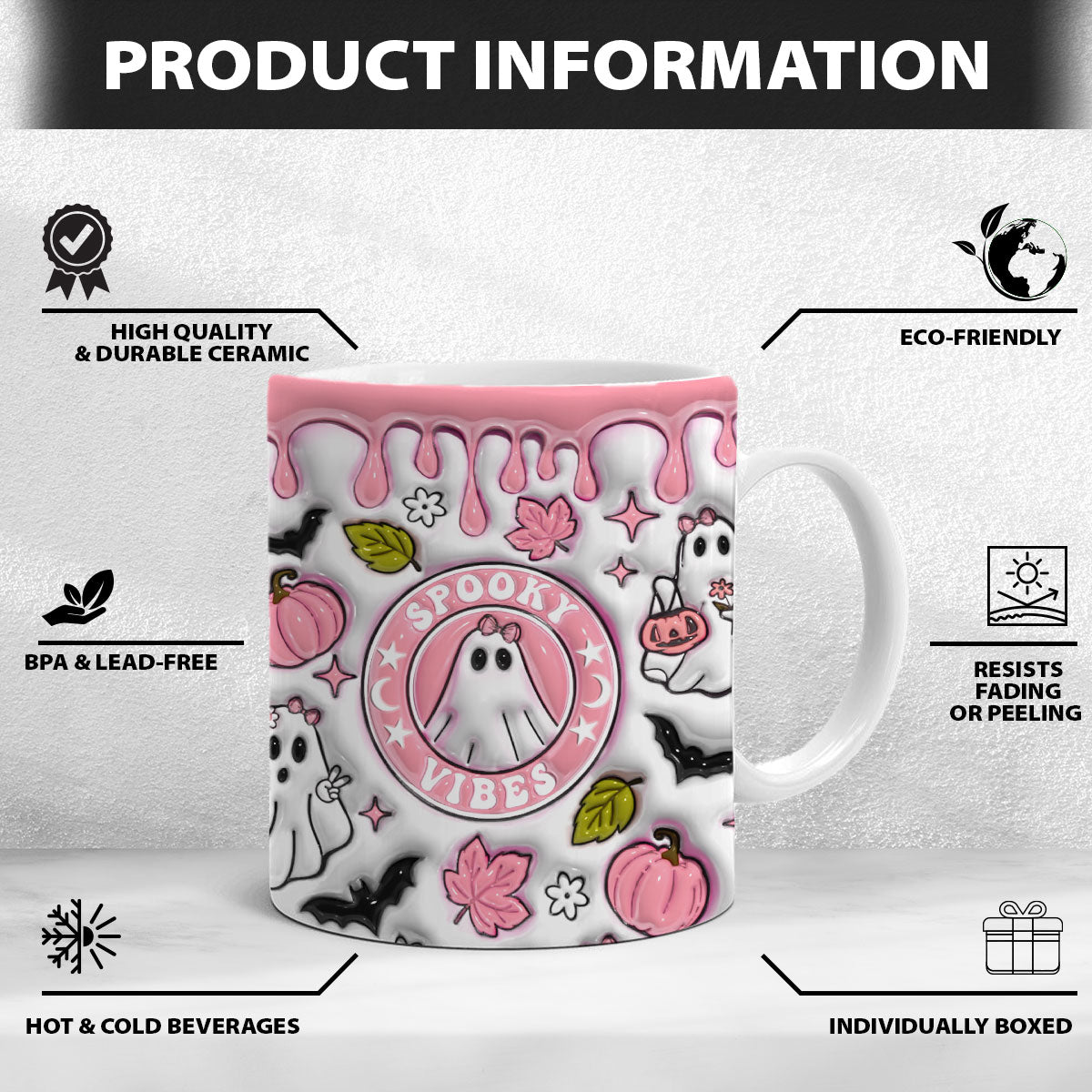 Petthouse | Halloween Spooky Vibes 3d Inflated Effect Mug, Spooky Ghost Vibes Ghost Boo Spooky Season