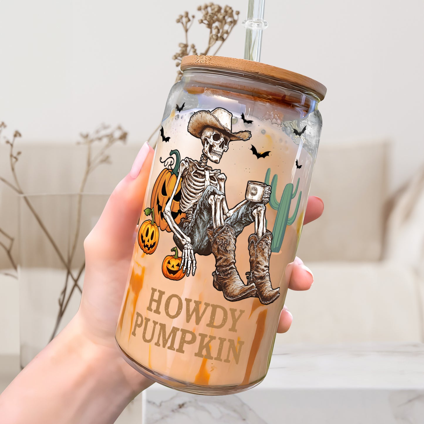 Petthouse | Cowboy Skeleton Drink Coffee Glass Can, Spooky Season, Howdy Pumpkin Glass, Skeleton Libby