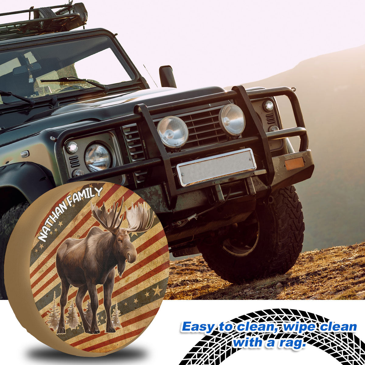 Petthouse | Customized Moose In The Wild On Grunge Stylized American Flag Spare Tire Cover Vintage Moo Hunting