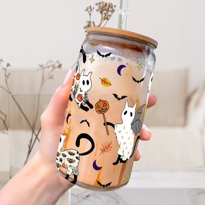 Petthouse | Halloween Ghost Cats Glass Can Cup, Pooky Season Coffee Mug, Iced Coffee Cup, Ghost Cat Coffee