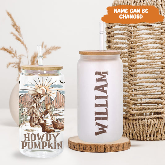 Petthouse | Personalized Skeleton Cowboy Howdy Pumpkin Glass Can, Western Cowboy Coffee Cup, Spooky Skeleton