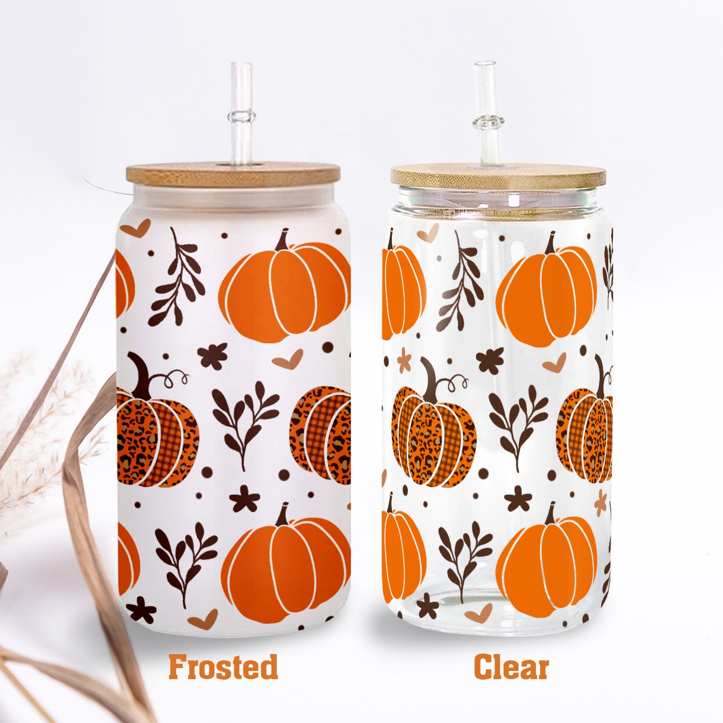 Petthouse | Fall Pumpkins Glass Can, Fall Pumpkins Glass Tumbler, Fall Coffee Glass, Leopard Pumpkin