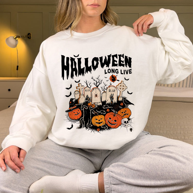 Petthouse | Long Live Halloween T-shirt, Spooky Vibes Shirt, Cat Playing Violin Halloween Vibes Shirt