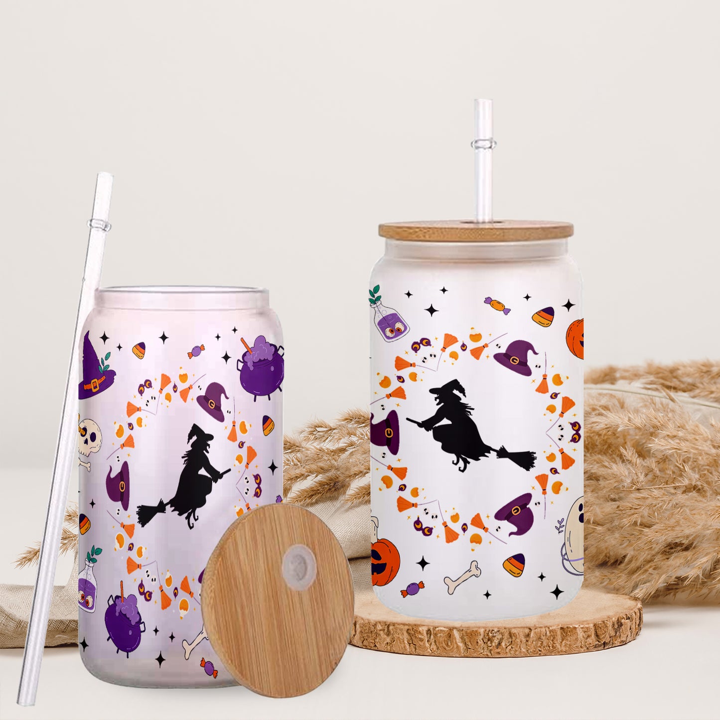 Petthouse | Halloween Vibes Glass Can, Witch Halloween Glass Cup, Cute Ghost Ice Coffee Cup, Halloween Gift