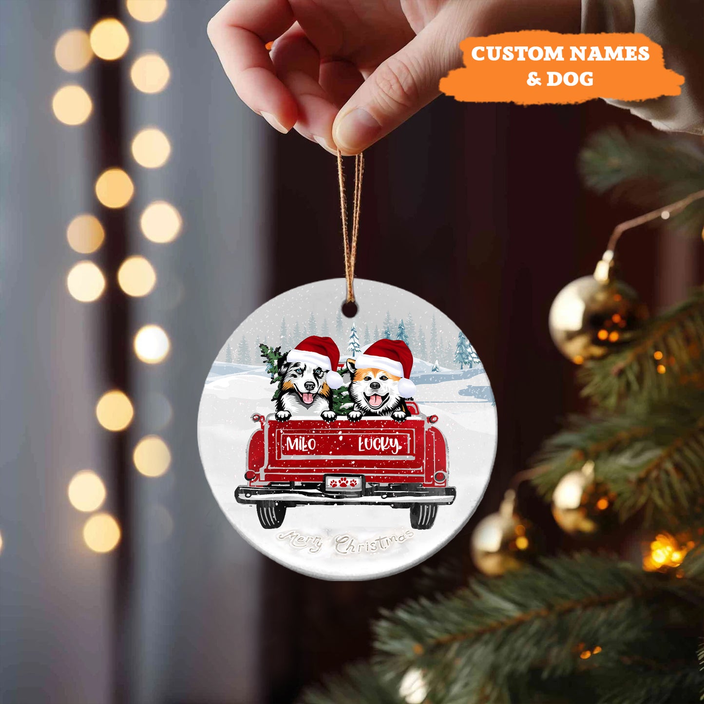 Petthouse | Custom Dog Xmas Ornament, Dogs On Red Truck, Dog Lover Gift, Christmas Decor, Christmas Tree