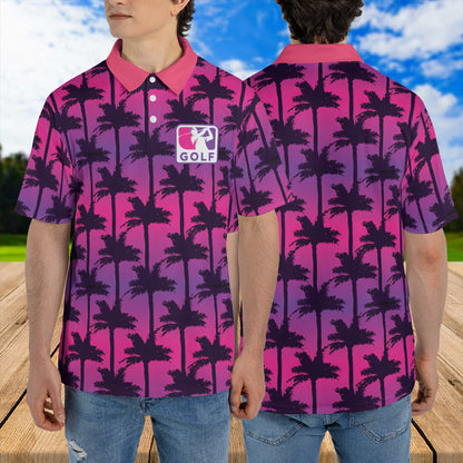 Petthouse | Golf Sport Palm Trees Seamless Pattern Gradient Background Polo Shirt Love Golf Polo Shirt Short Sleeve Dad Gift