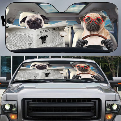 Petthouse | Pug Reading Newspaper Windshield Sun Shade Daily Dog Automotive Windshield Sunshades Dog Driving