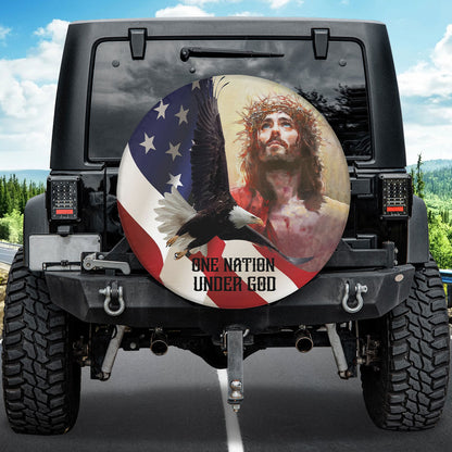 Petthouse | Jesus Watercolor Art Durable Tire Protector Faith Gift One Nation Under God Spare Tire Cover