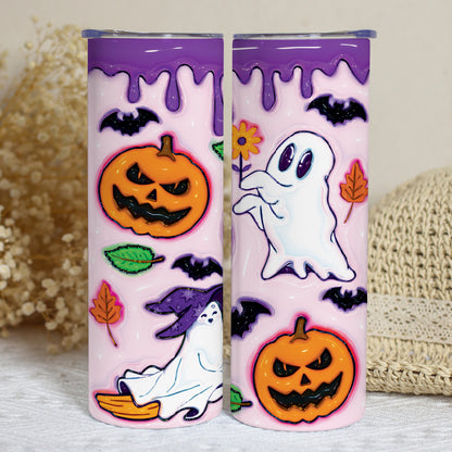 Petthouse | Ghost Spooky Vibes Purple Skinny Tumbler, Halloween Ghost 3d Inflated Effect Printed Tumbler