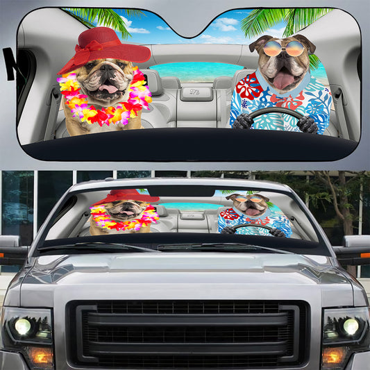 Petthouse | Bulldog Couple Driving Car Windshield Sun Shade Hawaii Summer Car Shade Front Windshield